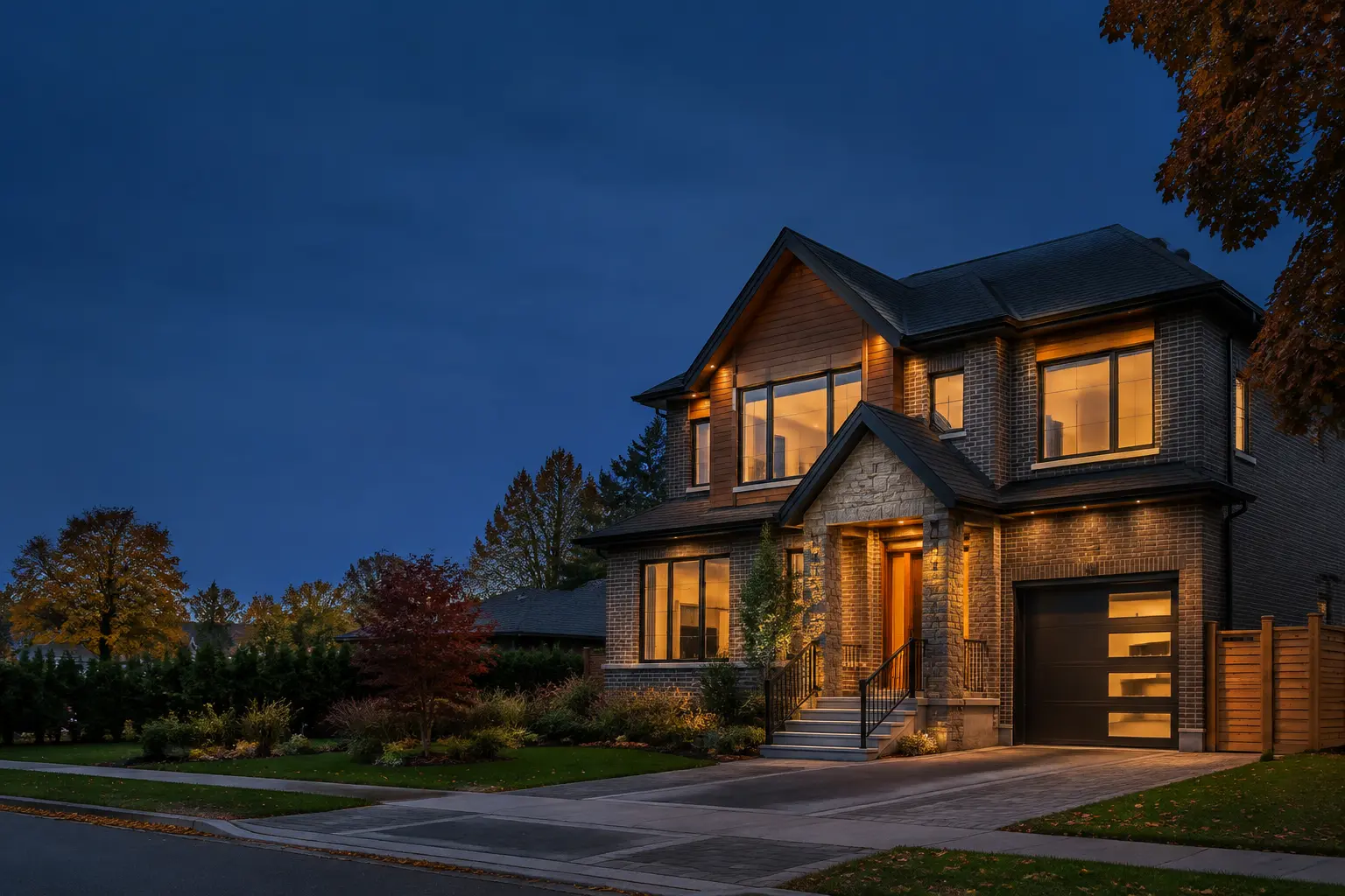 Maison canadienne contemporaine illuminée au crépuscule