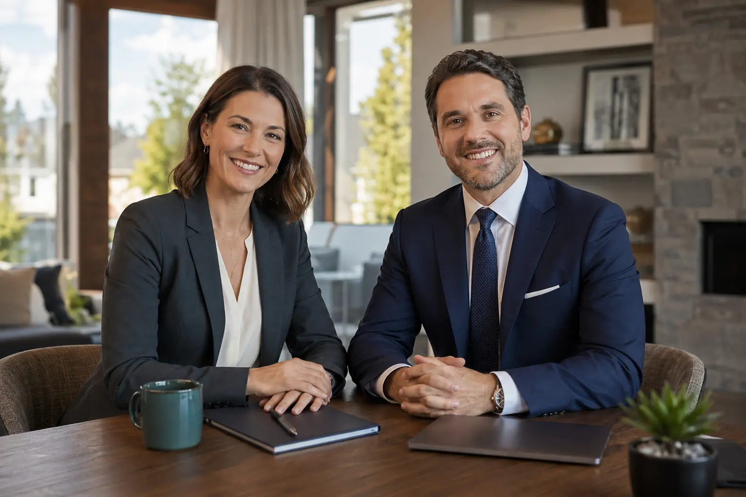 Homme et femme en tenue professionnelle souriant pendant une conversation d’affaires